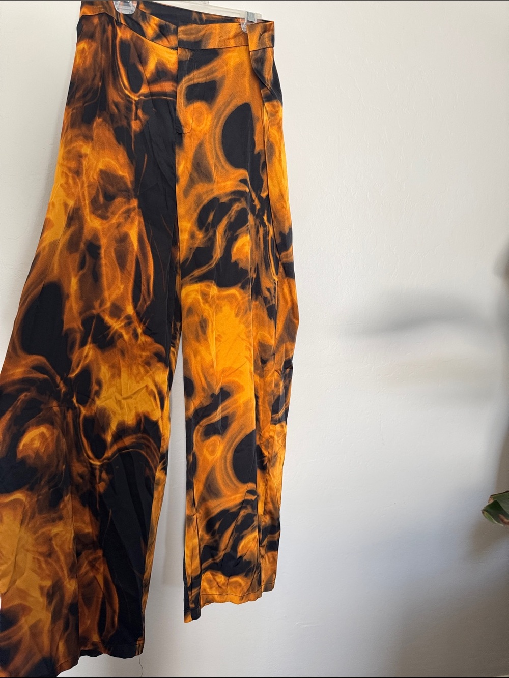 Fashion Nova Women's Black and Orange Flame-Print Wide Leg Pants
